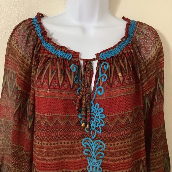 Joy Joy Bohemian Hippie Festival Colorful Boho Embroidered Red Peasant Blouse M - Picture 2 of 11